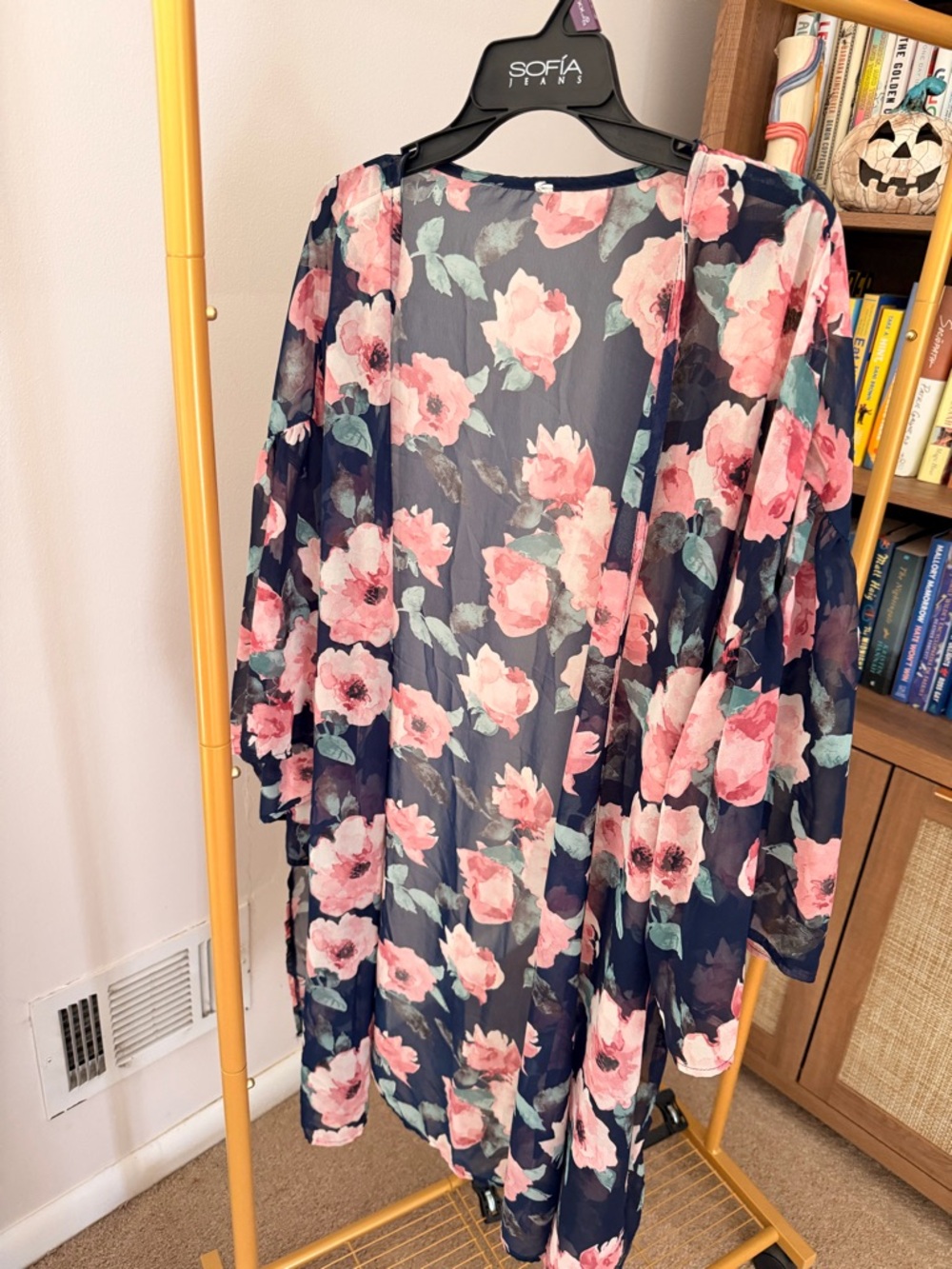 Floral Sheer Kimono Cover-Up — Navy with Pink Roses